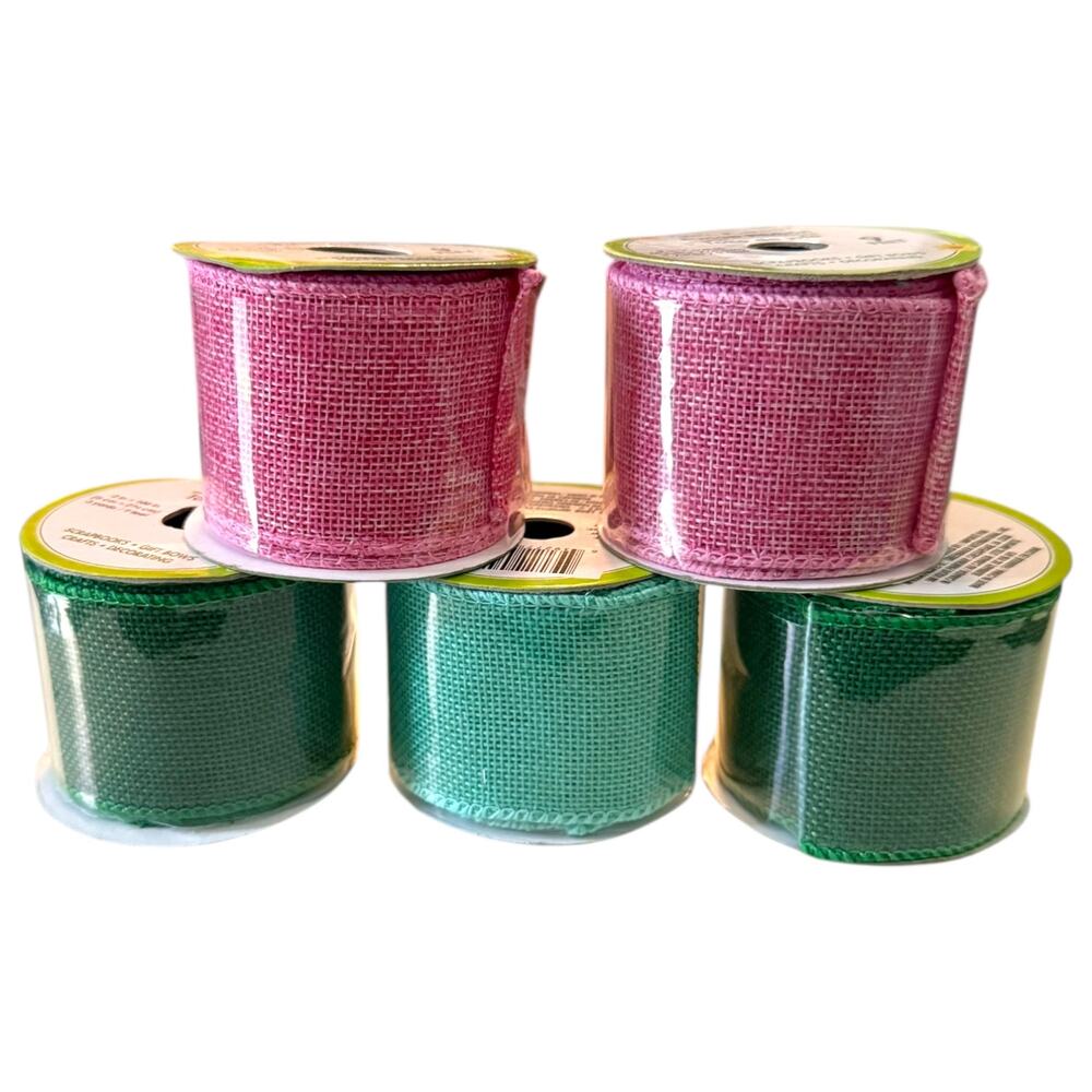 Floral Garden 5 Rolls Burlap Ribbon Pink & Greens 9 Feet Each